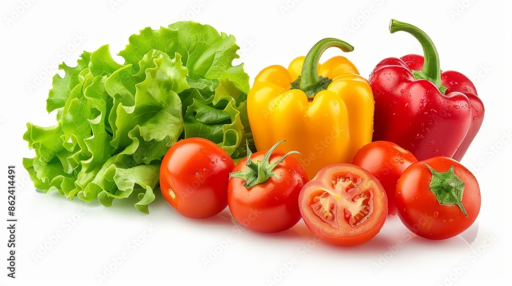 Simplified composition of fresh vegetables, such as tomatoes and peppers, with lettuce isolated on a white background Simplified composition of fresh vegetables, such as tomatoes and peppers, with lettuce isolated on a white background