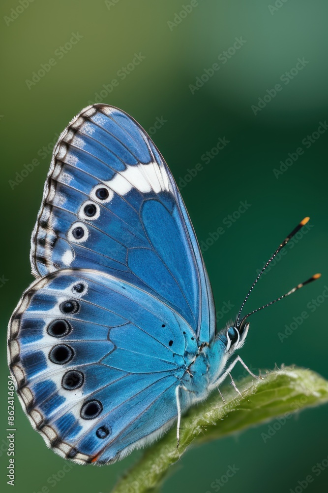 Obraz premium Closeup of a blue morpho butterfly with wings spread wide, perched on a green leaf in a natural setting. Macro photography of a beautiful, vibrant butterfly in nature.