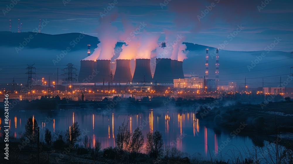 Nuclear power plant at night, illuminated chimneys and cooling towers, beautiful industrial landscape, raw style, detailed and vibrant Nuclear power plant at night, illuminated chimneys and cooling towers, beautiful industrial landscape, raw style, detailed and vibrant