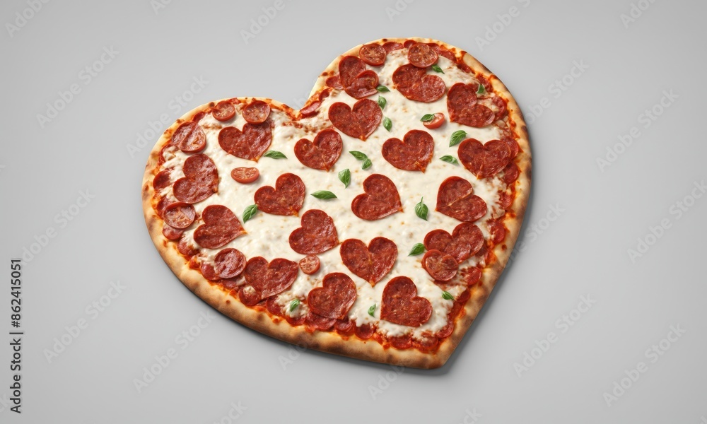 Heart-shaped pepperoni pizza with basil and tomato slices Heart-shaped pepperoni pizza with basil and tomato slices