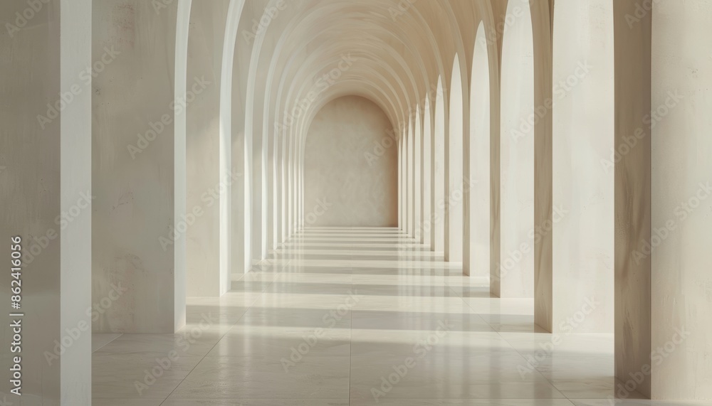 Minimalistic architectural hallway with symmetrical arches and soft natural lighting. Elegant design creates a sense of tranquility and depth.