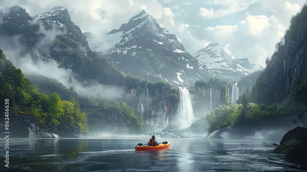 Fototapeta premium Kayaking Through a Misty Mountain Valley