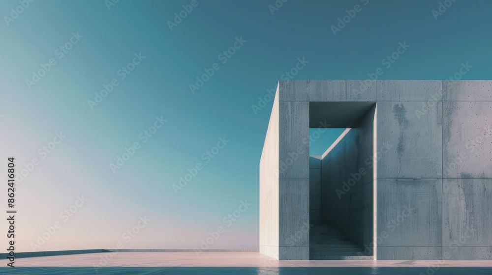 Minimalist building design by a calm ocean. Minimalist building design by a calm ocean.