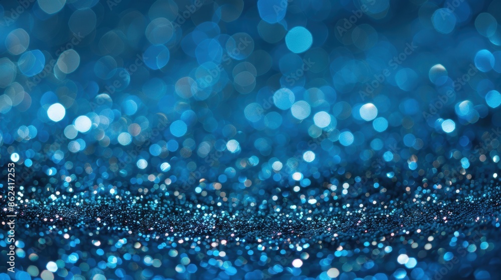 A shimmering blue glitter surface with bokeh light effects creating a sparkling, festive abstract background. A shimmering blue glitter surface with bokeh light effects creating a sparkling, festive abstract background.