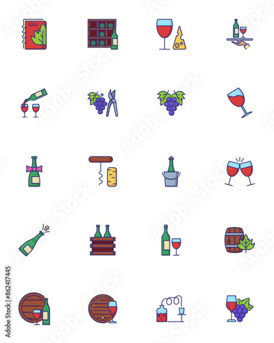 Alcoholic beverage store icons. Set of line icons on white background. Toast, grape, wine list. Drinks concept. Vector can be used for topics like winery, restaurant, party