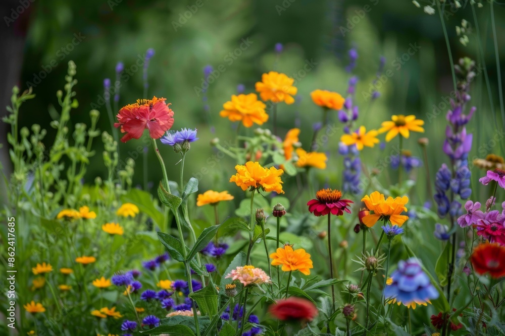 A vibrant nature scene featuring colorful flowers in primary hues A vibrant nature scene featuring colorful flowers in primary hues