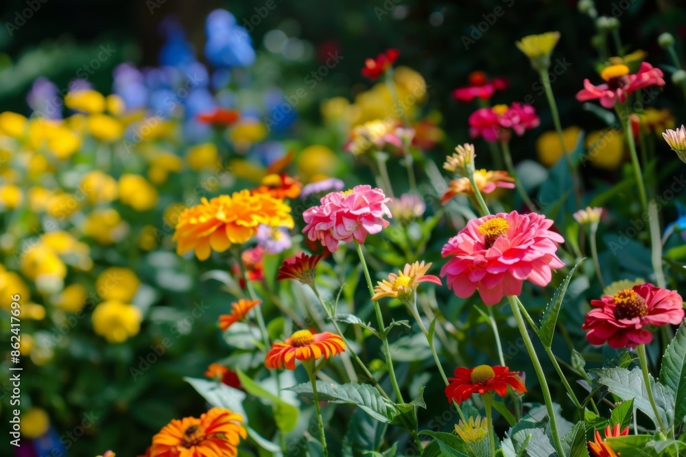 A vibrant nature scene featuring colorful flowers in primary hues A vibrant nature scene featuring colorful flowers in primary hues
