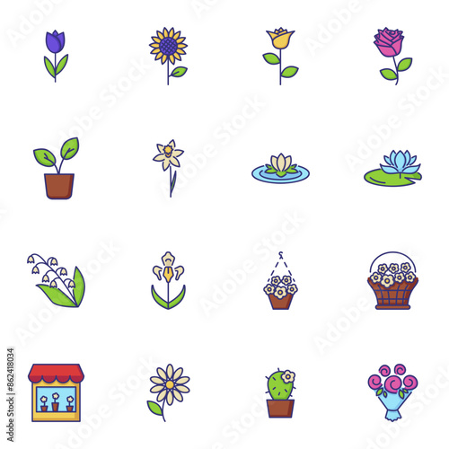 Flower icons. Set of line icons on white background. Flower shop, houseplant, flower basket. Floriculture concept. Vector can be used for topics like plants, botany, gardening