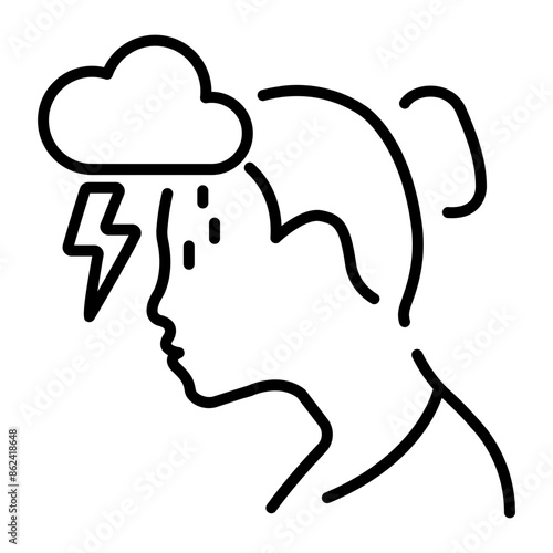 Person with lightening cloud denoting depression, line icon 