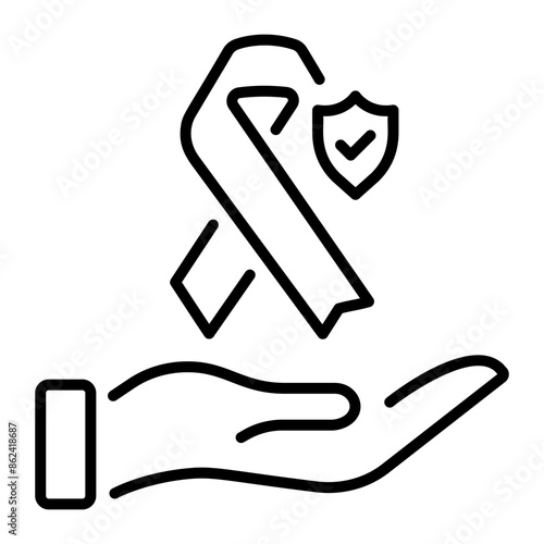 Ribbon and hand denoting hiv prevention, outline icon 