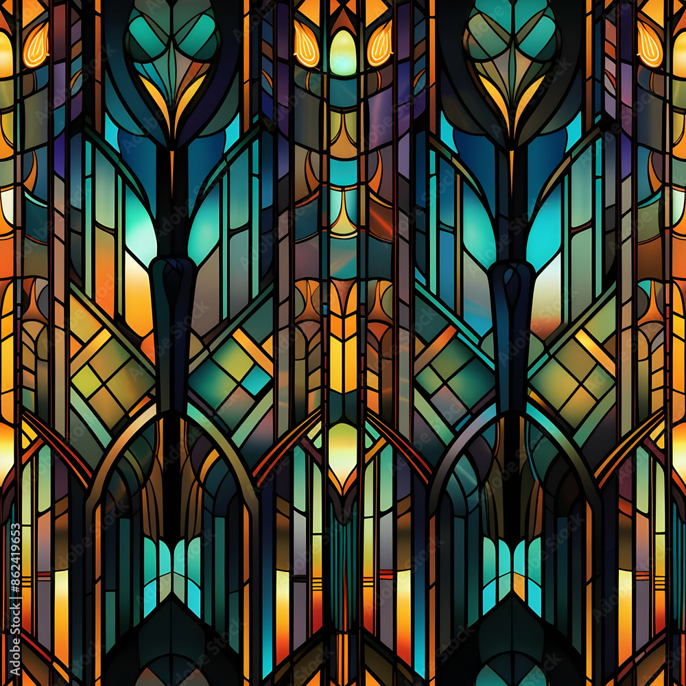 Colorful Stained Glass Seamless Pattern, Art Deco Style, Vibrant Design Colorful Stained Glass Seamless Pattern, Art Deco Style, Vibrant Design