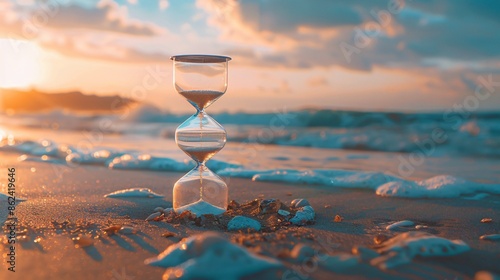 Hourglass on sand beach at sunset. Sand passing through glass bulbs