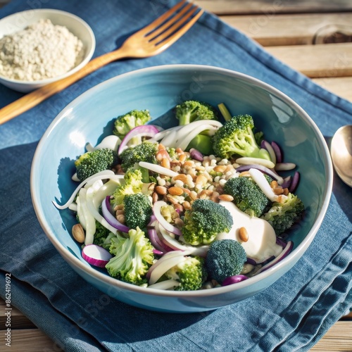 A bowl of broccoli salad featuring red onions, sunflower seeds, and a creamy dressing, perfect for a nutritious meal.