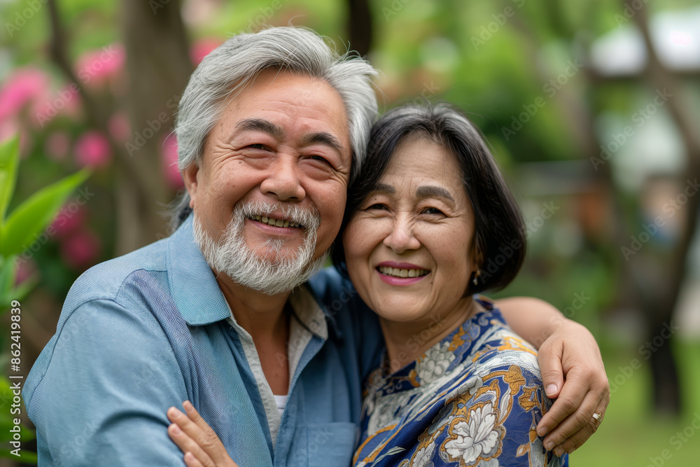 Senior Couple Smiling and Embracing in a Lush Garden Setting Senior Couple Smiling and Embracing in a Lush Garden Setting