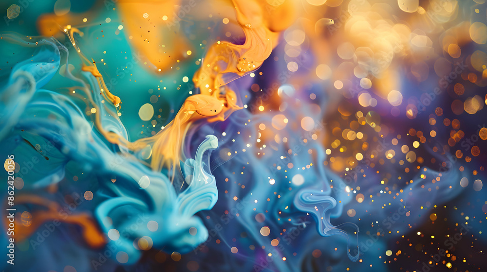 Bright abstract splash. Glitter ink. Flow art. Mixed vivid green blue orange purple oil droplets swirling on water surface with sparkles Bright abstract splash. Glitter ink. Flow art. Mixed vivid green blue orange purple oil droplets swirling on water surface with sparkles
