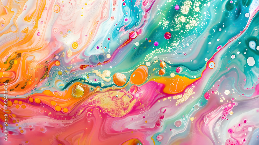 Naklejka premium Bright color splash. Shimmer ink. Fluid art. Mixed bright pink green orange blue oil droplets rotating on water surface with shimmer