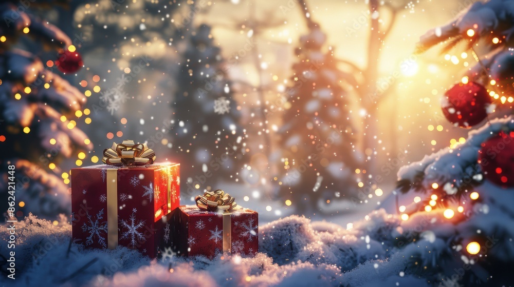 Christmas gifts with golden bows sit in a snowy forest at sunrise, surrounded by twinkling lights and a festive atmosphere. Christmas gifts with golden bows sit in a snowy forest at sunrise, surrounded by twinkling lights and a festive atmosphere.