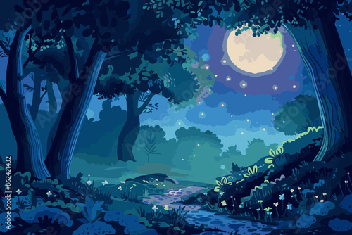 Enchanted moonlit forest glade with sparkling lights