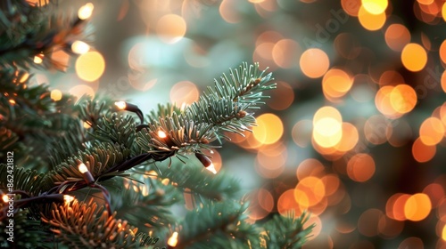 Close-up of a Christmas tree branch decorated with string lights, with a background of warm bokeh lights.
