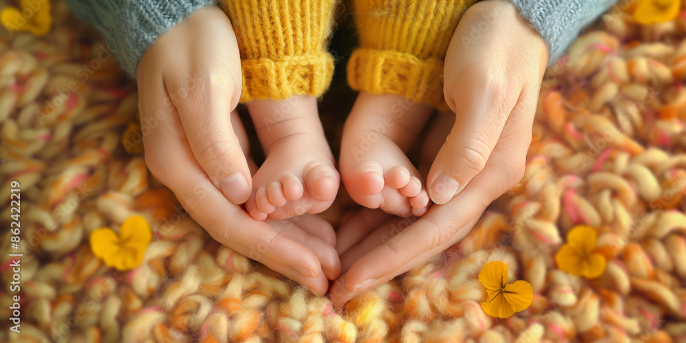 Obraz premium Close Up of Mother's Hands Holding Newborn Baby Feet on Knitted Blanket with Yellow Flowers