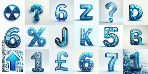 Blue transparent glass 3D Lettering Typeface. AI generated illustration