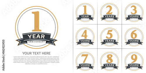 anniversary logotype set vector, brown color with circle and black ribbon for special day celebration