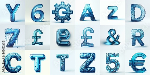 Blue transparent glass 3D Lettering Typeface. AI generated illustration