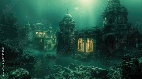 A mystical scene featuring beautifully lit ruins submerged underwater, surrounded by glowing green water and scattered debris.