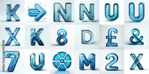Blue transparent glass 3D Lettering Typeface. AI generated illustration