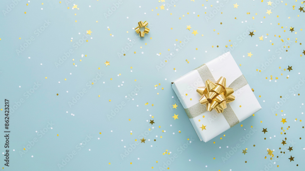 A series of festive images featuring white gift boxes with golden ribbons and bows, surrounded by gold and white confetti, set against a light blue background, perfect for celebrations and special occ A series of festive images featuring white gift boxes with golden ribbons and bows, surrounded by gold and white confetti, set against a light blue background, perfect for celebrations and special occ