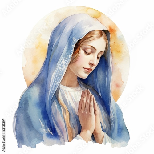 Virgin Mary praying with eyes closed watercolor clipart illustration on white background