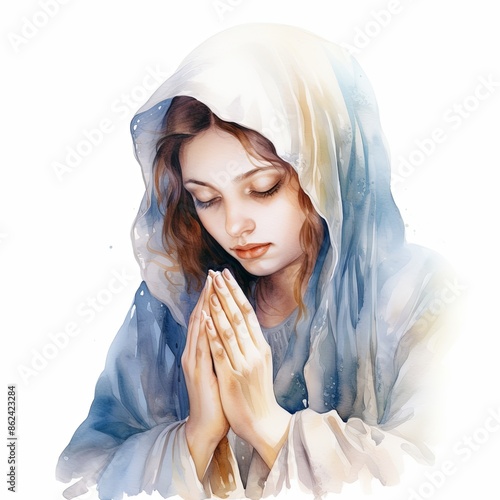 Virgin Mary praying with eyes closed watercolor clipart illustration on white background