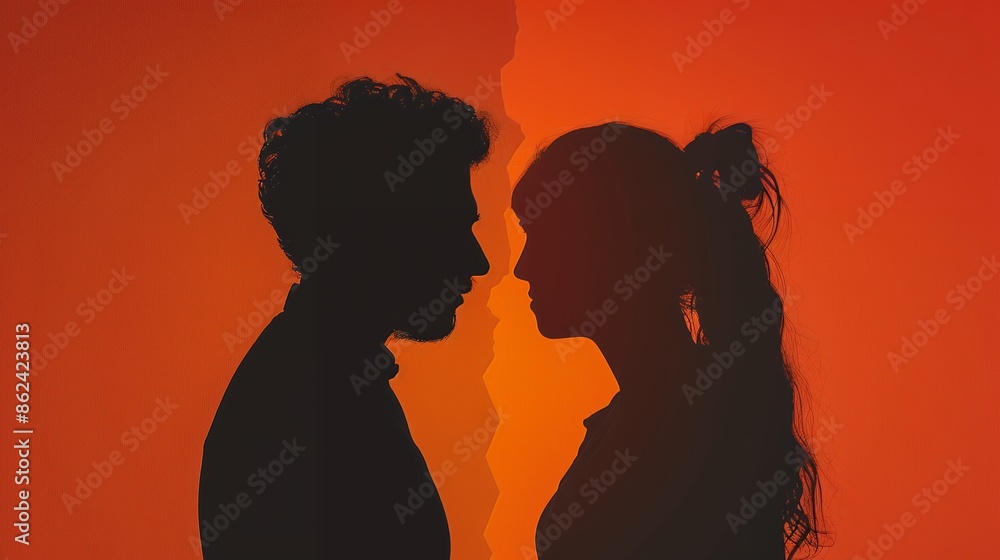 Silhouette of man and woman with split, broken heart on orange ...