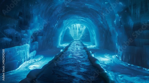 Underwater ice tunnel with mesmerizing blue ambiance, showcasing frozen aquatic environments and unique architecture, raw style, detailed and ethereal