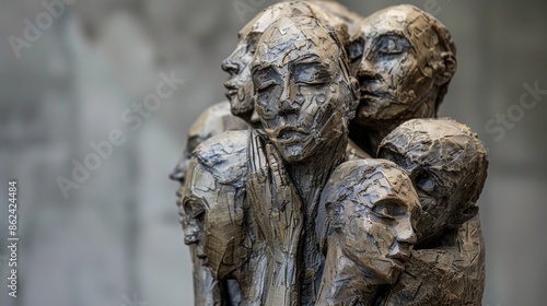 Unveiled modernist sculpture, Energy of New Beginnings, featuring people embracing behind, raw texture, inspiring and detailed photo