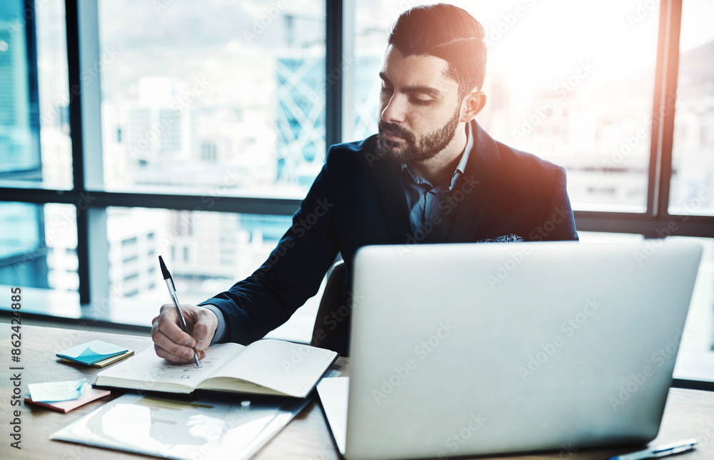 Laptop, notebook and business man in office for financial analysis, company review and planning. Corporate, consultant and person writing notes with computer for research, website and report Laptop, notebook and business man in office for financial analysis, company review and planning. Corporate, consultant and person writing notes with computer for research, website and report