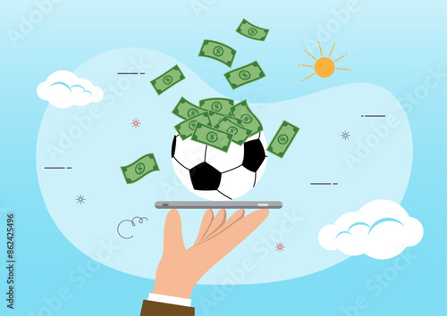 A hand with a smartphone and a soccer ball full of money