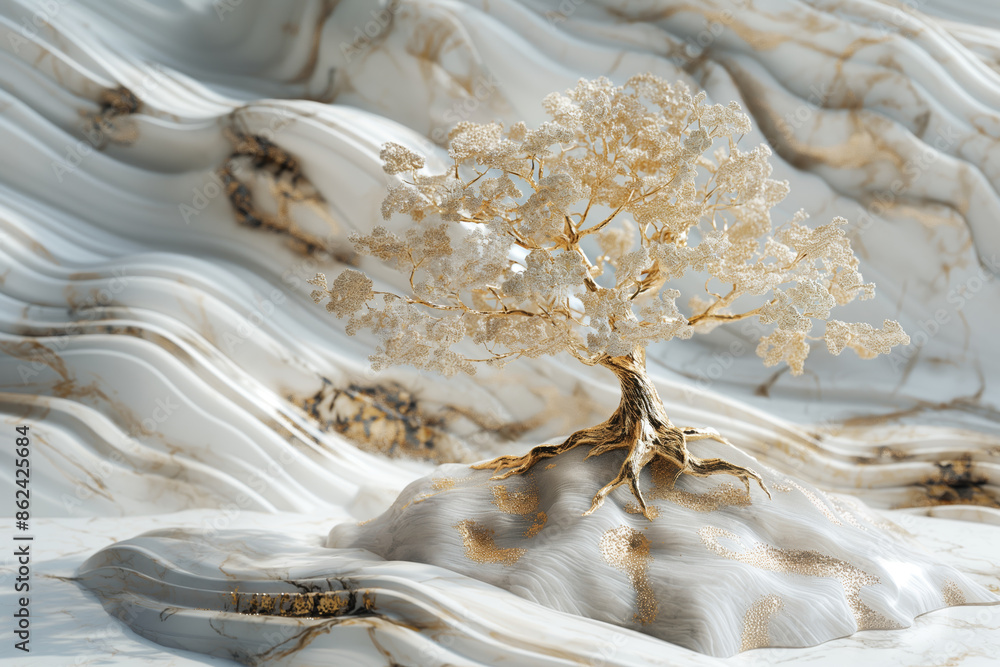 Golden Tree on Marble Waves Abstract Nature Art in Luxury Style Golden Tree on Marble Waves Abstract Nature Art in Luxury Style
