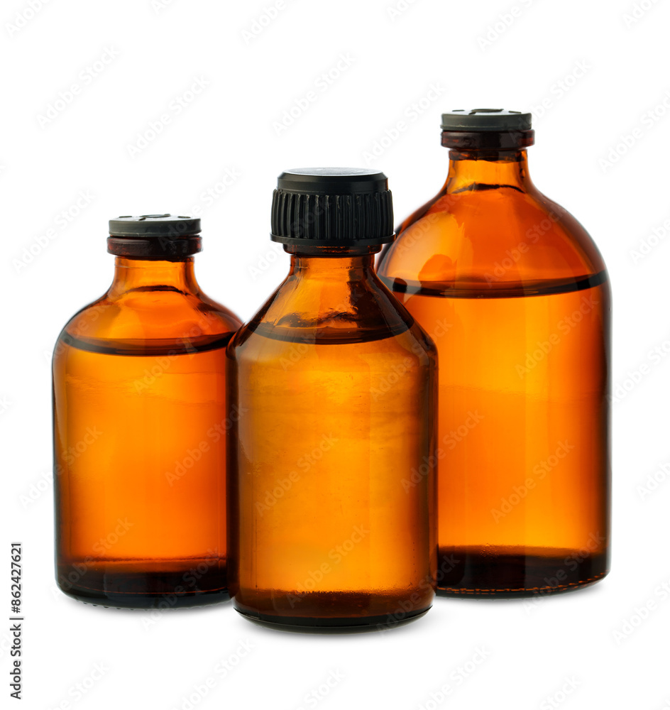 Three Amber Glass Dropper Bottles With Dropper Against White Background Three Amber Glass Dropper Bottles With Dropper Against White Background