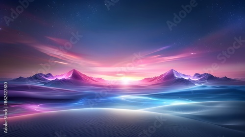 A dreamlike desert landscape with glowing, colorful dunes and a radiant light in the sky, casting an otherworldly glow. List of Art Media, Fantasy vibrant ethereal colorful approach