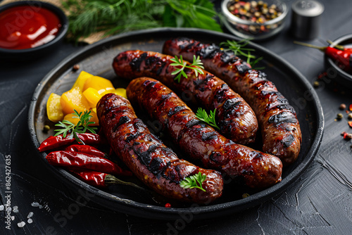 a plate of sausages and peppers