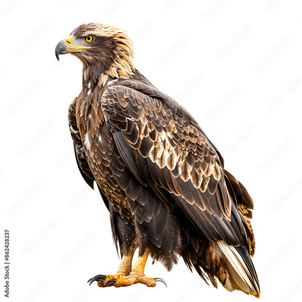Obraz premium Majestic brown eagle with sharp eyes and detailed feathers perched on a branch against isolated on transparency background, PNG cut out. High-resolution wildlife photo.