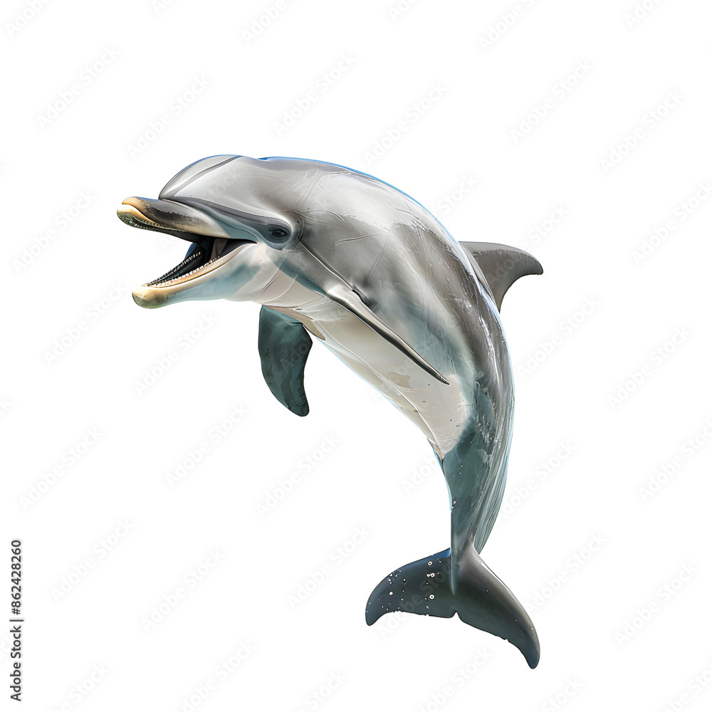 Obraz premium Lively dolphin leaping out of water isolated on transparency background, PNG cut out, showcasing its playful nature and sleek body. Perfect for marine life and ocean-related themes.