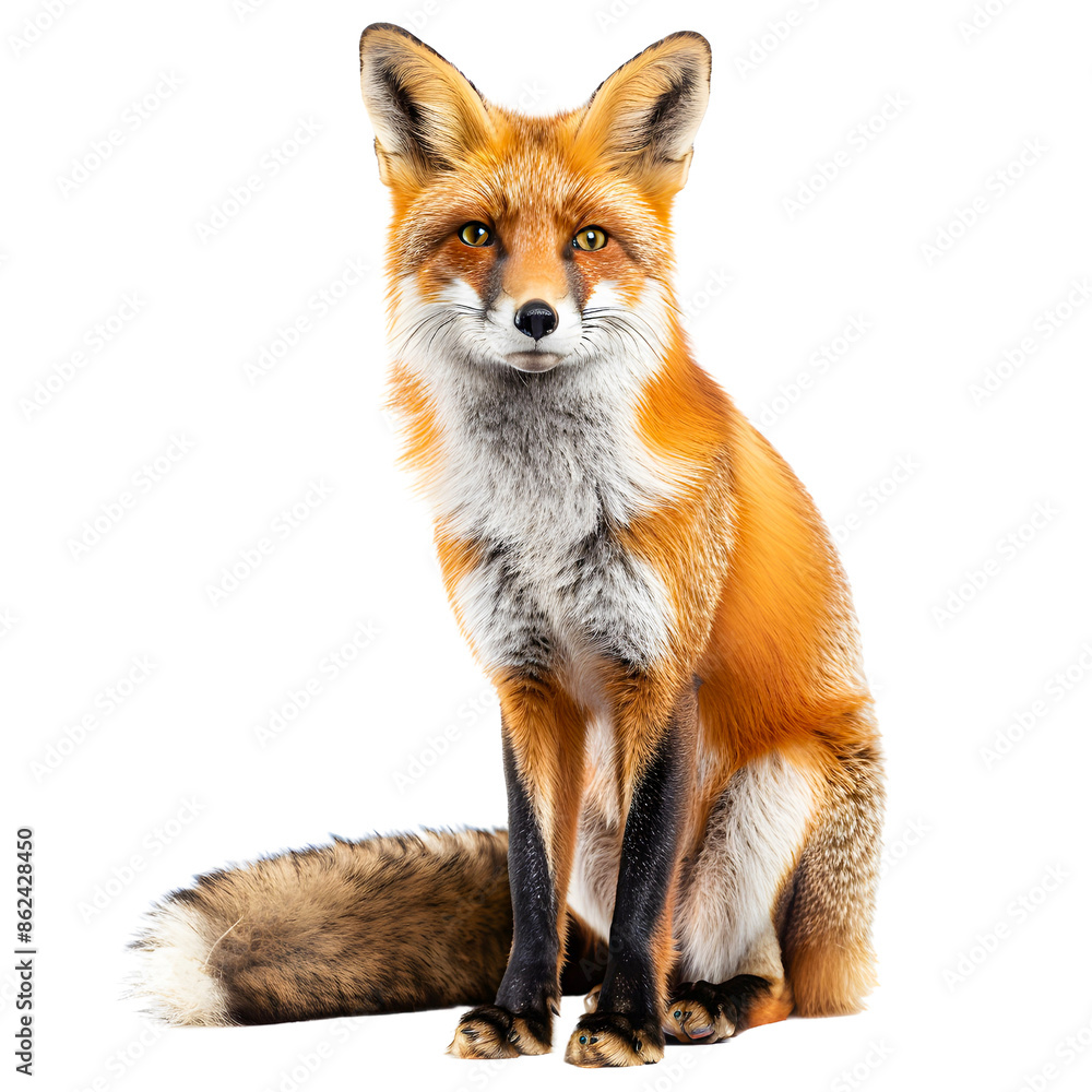 Fototapeta premium A captivating image of a sitting red fox isolated on transparency background, PNG cut out, displaying its lush fur and striking eyes, set against , perfect for wildlife themes.