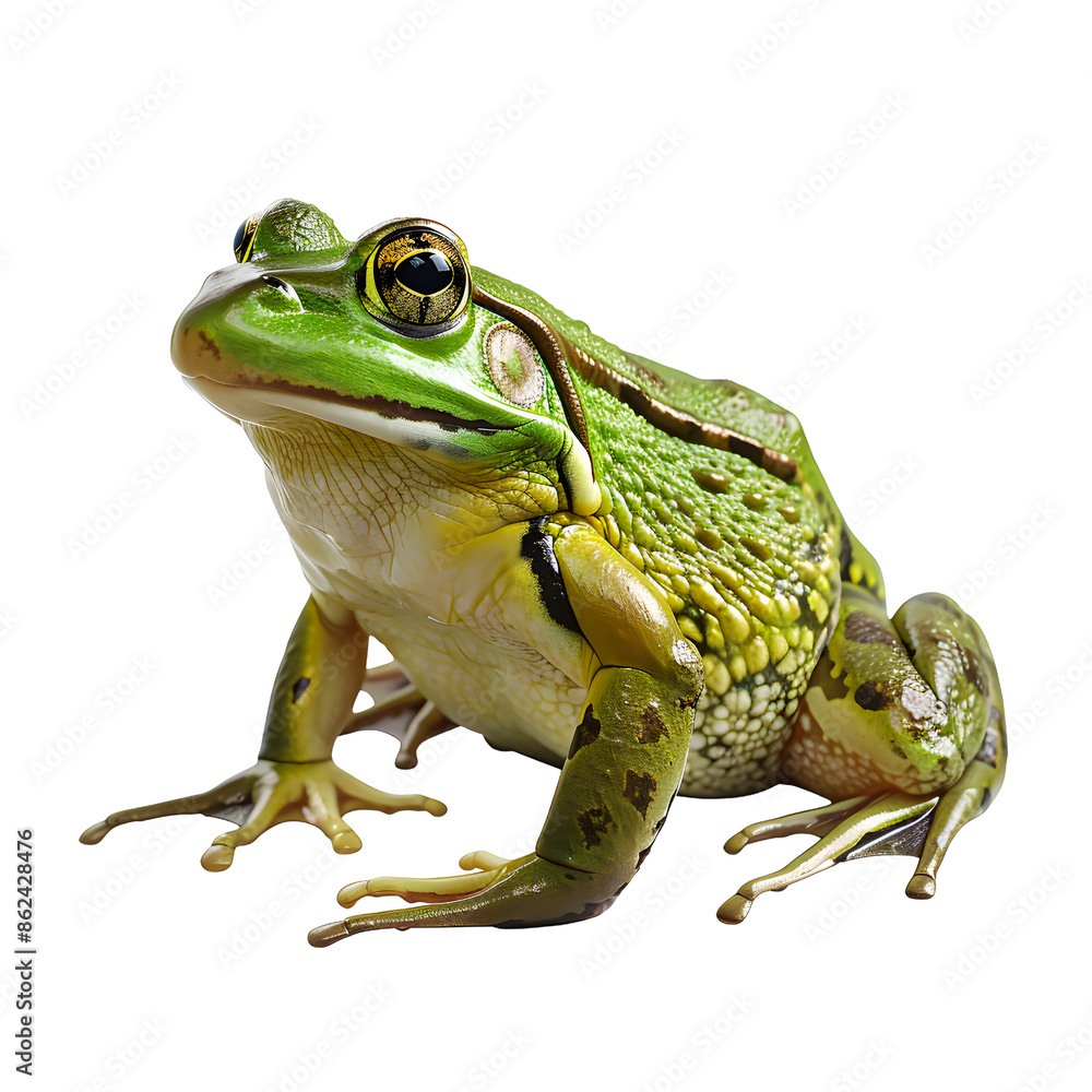 Obraz premium A close-up stock photo of a vibrant green frog isolated on transparency background, PNG cut out, showcasing its textured skin and detailed features, .