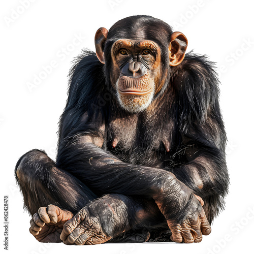 A contemplative chimpanzee sitting in a relaxed position isolated on transparency background, PNG cut out, captured in a close-up shot highlighting detailed facial features and fur texture.