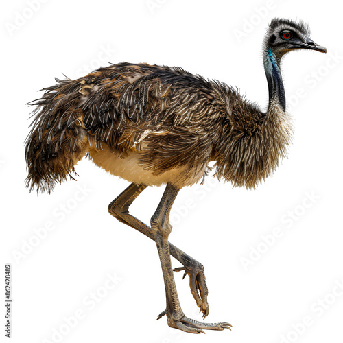 A detailed image of an emu isolated on transparency background, PNG cut out, showing its full body and unique feathers. Ideal for wildlife and nature-themed designs and educational materials.