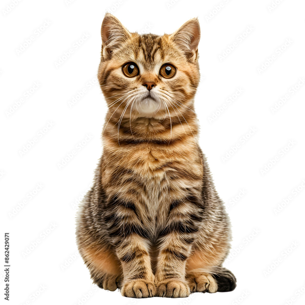 Fototapeta premium Close-up of a cute tabby kitten sitting upright isolated on transparency background, PNG cut out, showcasing its striped fur and big, round eyes. Perfect for pet lovers and cat enthusiasts.
