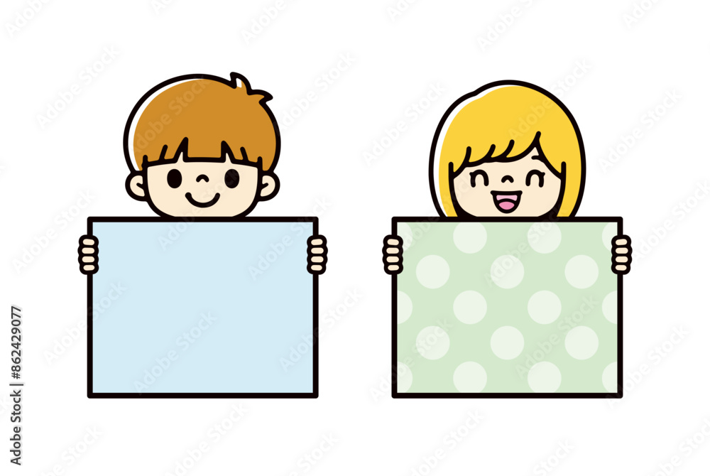 テキスト、バナー、広告用のカラフルなボードを持つ男の子と女の子のイラストセット