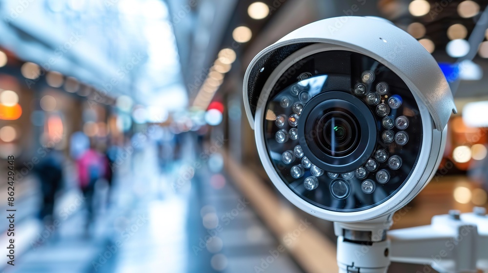 A close-up shot of a security camera mounted in a public area, likely an urban setting. The camera lens is pointed directly at a blurred background of people walking by A close-up shot of a security camera mounted in a public area, likely an urban setting. The camera lens is pointed directly at a blurred background of people walking by